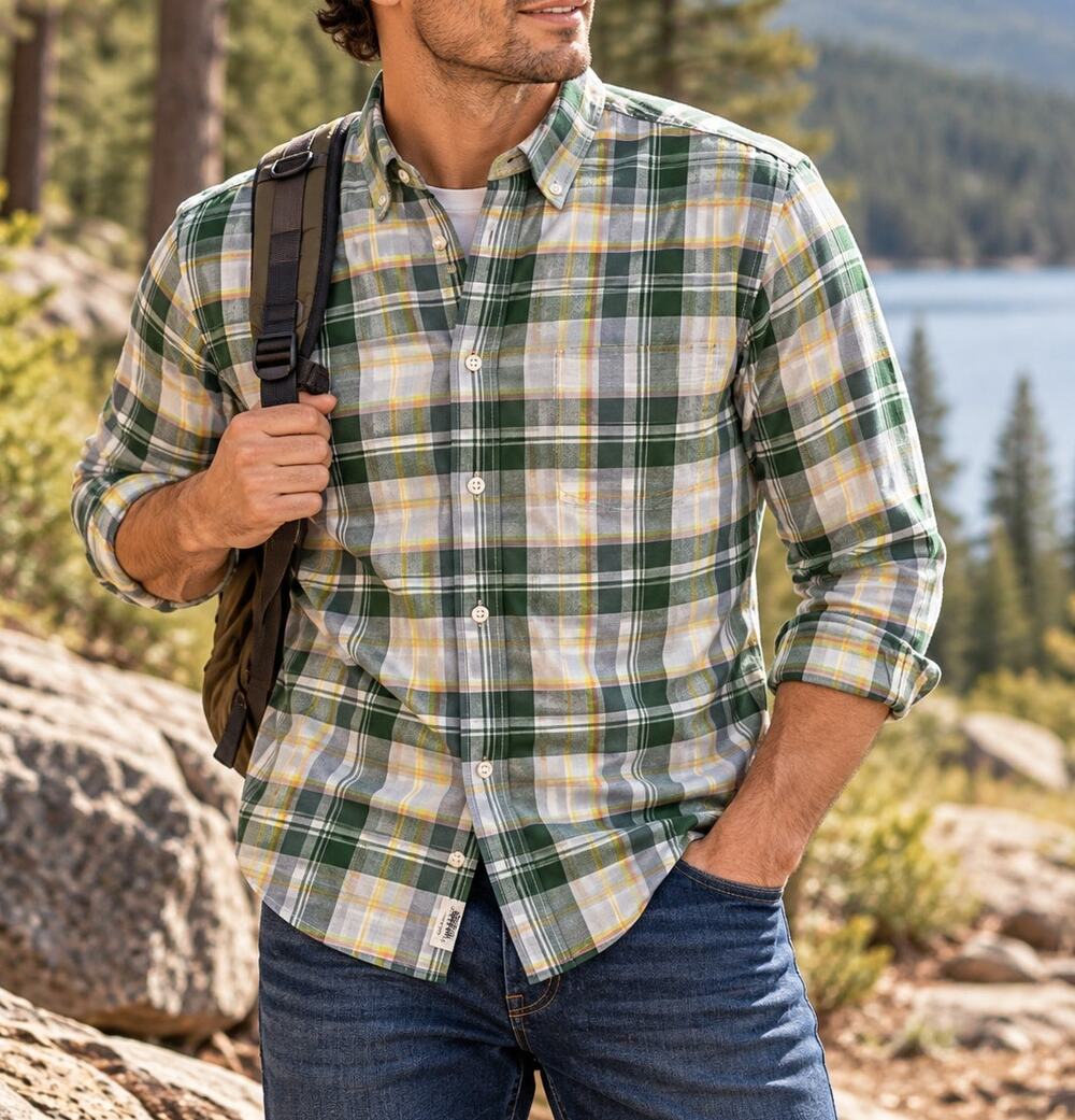 Woolrich Men M Organic Cotton Plaid Button Down Shirt Green Gray Modern Fit